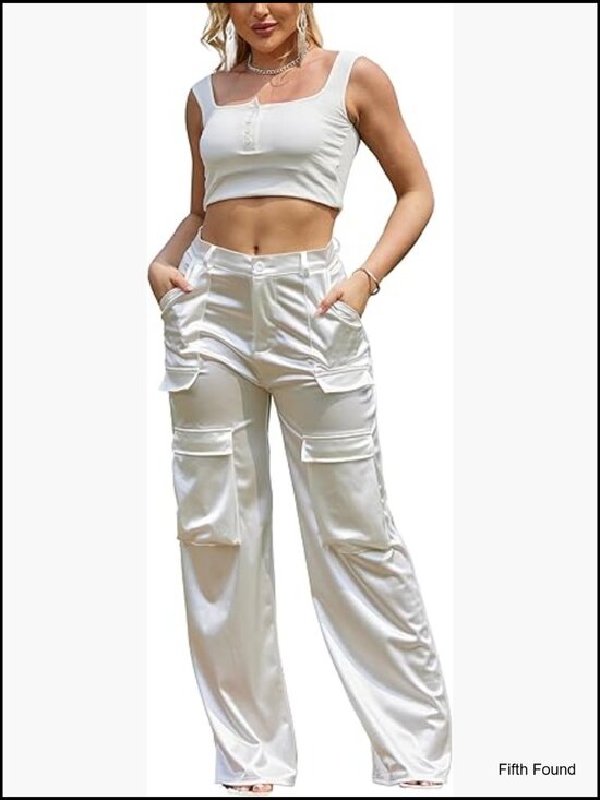 Pants - High Waisted Satin Cargo Pants Wide Leg Loose Fit with Pockets XL